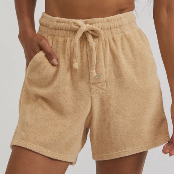 DONNI. Terry Henley Boxer Drawstring “Latte” Tan Brown Shorts Size Small - Picture 9 of 15